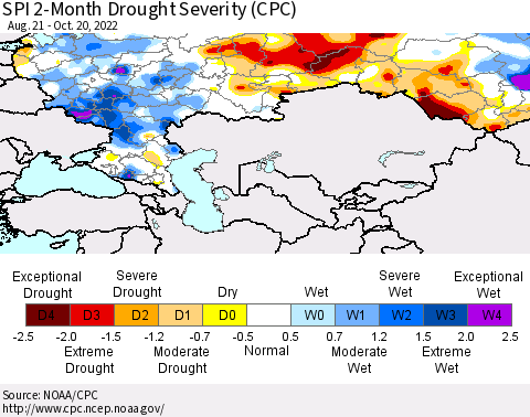 Russian Federation SPI 2-Month Drought Severity (CPC) Thematic Map For 8/21/2022 - 10/20/2022