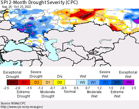 Russian Federation SPI 2-Month Drought Severity (CPC) Thematic Map For 8/26/2022 - 10/25/2022