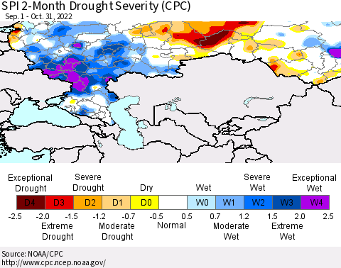 Russian Federation SPI 2-Month Drought Severity (CPC) Thematic Map For 9/1/2022 - 10/31/2022