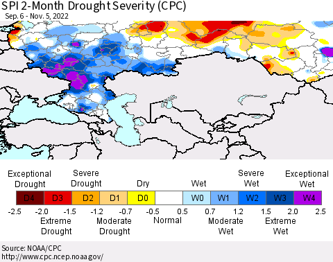 Russian Federation SPI 2-Month Drought Severity (CPC) Thematic Map For 9/6/2022 - 11/5/2022