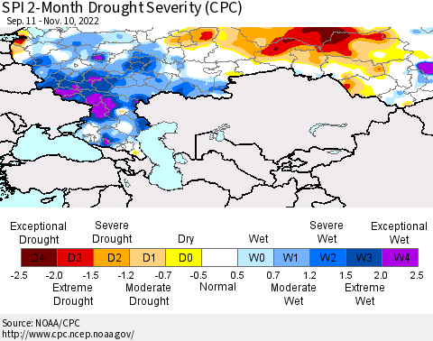 Russian Federation SPI 2-Month Drought Severity (CPC) Thematic Map For 9/11/2022 - 11/10/2022