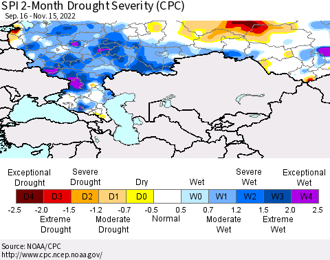 Russian Federation SPI 2-Month Drought Severity (CPC) Thematic Map For 9/16/2022 - 11/15/2022