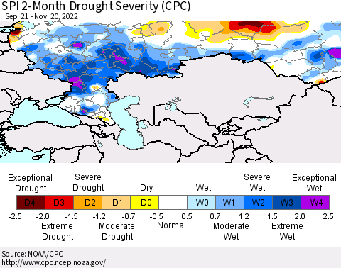 Russian Federation SPI 2-Month Drought Severity (CPC) Thematic Map For 9/21/2022 - 11/20/2022