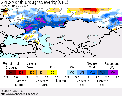 Russian Federation SPI 2-Month Drought Severity (CPC) Thematic Map For 9/26/2022 - 11/25/2022