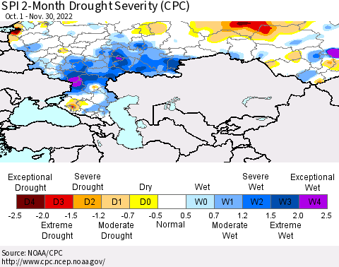 Russian Federation SPI 2-Month Drought Severity (CPC) Thematic Map For 10/1/2022 - 11/30/2022