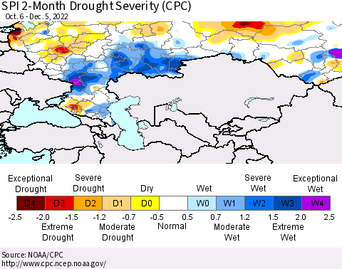 Russian Federation SPI 2-Month Drought Severity (CPC) Thematic Map For 10/6/2022 - 12/5/2022