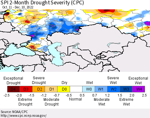 Russian Federation SPI 2-Month Drought Severity (CPC) Thematic Map For 10/11/2022 - 12/10/2022
