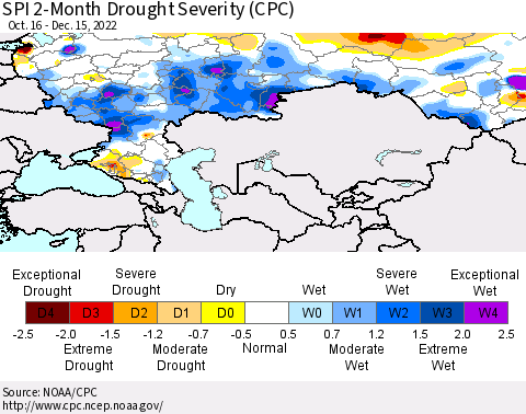 Russian Federation SPI 2-Month Drought Severity (CPC) Thematic Map For 10/16/2022 - 12/15/2022