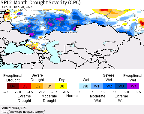 Russian Federation SPI 2-Month Drought Severity (CPC) Thematic Map For 10/21/2022 - 12/20/2022
