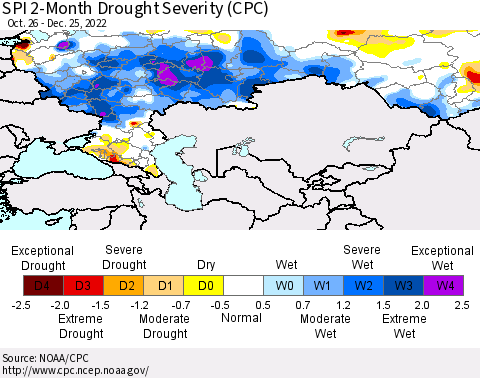 Russian Federation SPI 2-Month Drought Severity (CPC) Thematic Map For 10/26/2022 - 12/25/2022