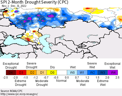 Russian Federation SPI 2-Month Drought Severity (CPC) Thematic Map For 11/1/2022 - 12/31/2022
