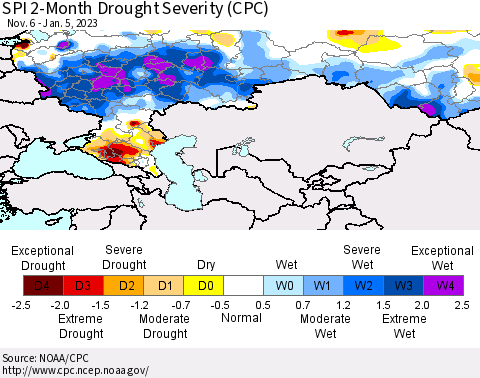 Russian Federation SPI 2-Month Drought Severity (CPC) Thematic Map For 11/6/2022 - 1/5/2023