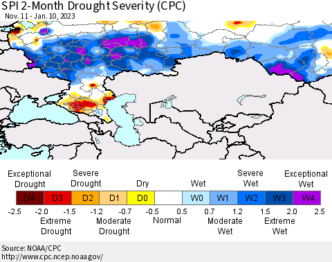 Russian Federation SPI 2-Month Drought Severity (CPC) Thematic Map For 11/11/2022 - 1/10/2023