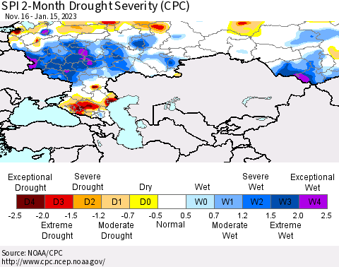 Russian Federation SPI 2-Month Drought Severity (CPC) Thematic Map For 11/16/2022 - 1/15/2023
