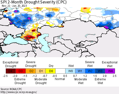 Russian Federation SPI 2-Month Drought Severity (CPC) Thematic Map For 11/21/2022 - 1/20/2023