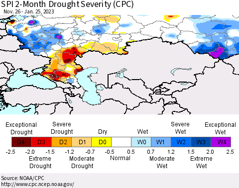 Russian Federation SPI 2-Month Drought Severity (CPC) Thematic Map For 11/26/2022 - 1/25/2023