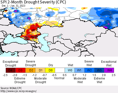 Russian Federation SPI 2-Month Drought Severity (CPC) Thematic Map For 12/1/2022 - 1/31/2023