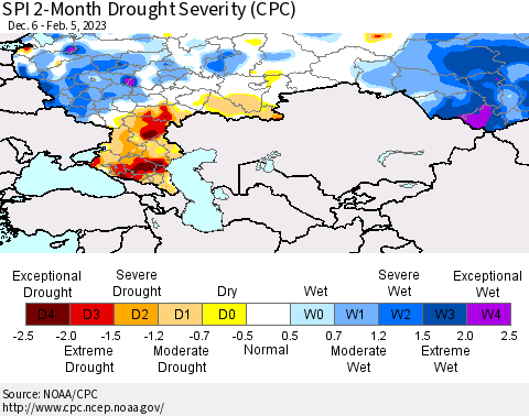 Russian Federation SPI 2-Month Drought Severity (CPC) Thematic Map For 12/6/2022 - 2/5/2023