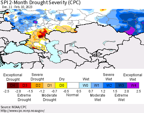 Russian Federation SPI 2-Month Drought Severity (CPC) Thematic Map For 12/11/2022 - 2/10/2023