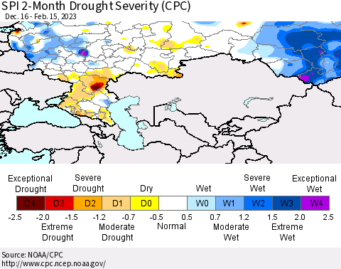 Russian Federation SPI 2-Month Drought Severity (CPC) Thematic Map For 12/16/2022 - 2/15/2023