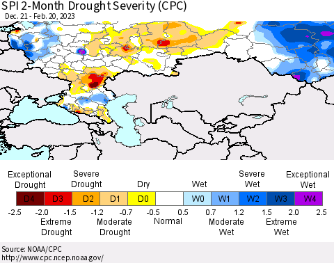 Russian Federation SPI 2-Month Drought Severity (CPC) Thematic Map For 12/21/2022 - 2/20/2023