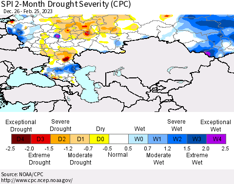Russian Federation SPI 2-Month Drought Severity (CPC) Thematic Map For 12/26/2022 - 2/25/2023