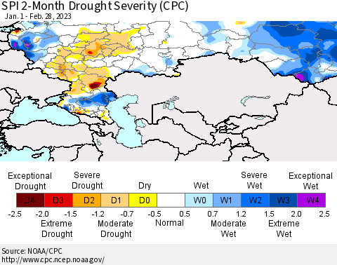 Russian Federation SPI 2-Month Drought Severity (CPC) Thematic Map For 1/1/2023 - 2/28/2023