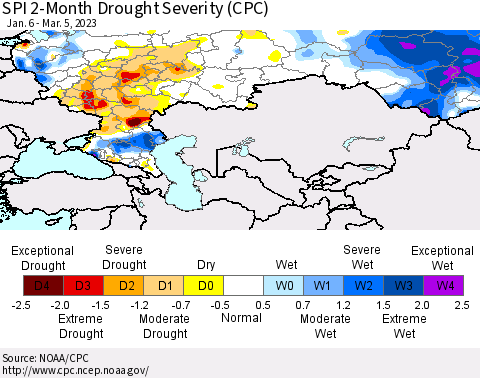 Russian Federation SPI 2-Month Drought Severity (CPC) Thematic Map For 1/6/2023 - 3/5/2023