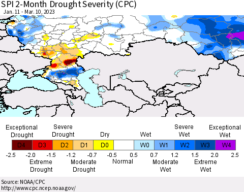 Russian Federation SPI 2-Month Drought Severity (CPC) Thematic Map For 1/11/2023 - 3/10/2023