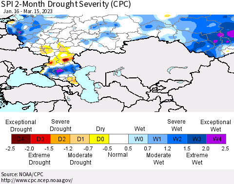 Russian Federation SPI 2-Month Drought Severity (CPC) Thematic Map For 1/16/2023 - 3/15/2023