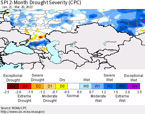 Russian Federation SPI 2-Month Drought Severity (CPC) Thematic Map For 1/21/2023 - 3/20/2023