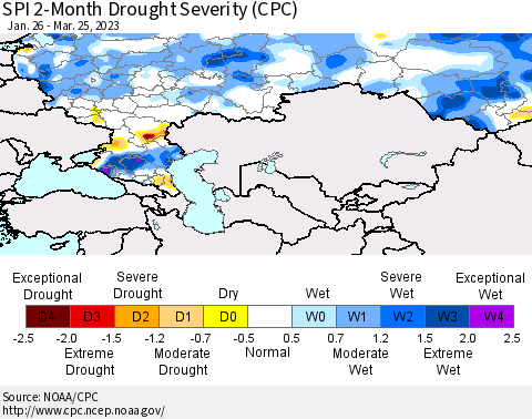 Russian Federation SPI 2-Month Drought Severity (CPC) Thematic Map For 1/26/2023 - 3/25/2023