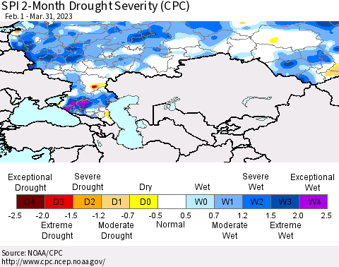 Russian Federation SPI 2-Month Drought Severity (CPC) Thematic Map For 2/1/2023 - 3/31/2023