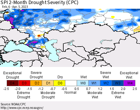 Russian Federation SPI 2-Month Drought Severity (CPC) Thematic Map For 2/6/2023 - 4/5/2023