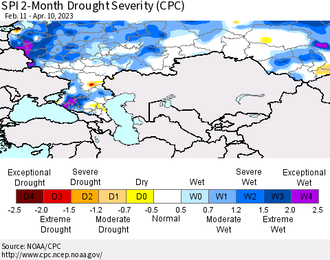 Russian Federation SPI 2-Month Drought Severity (CPC) Thematic Map For 2/11/2023 - 4/10/2023