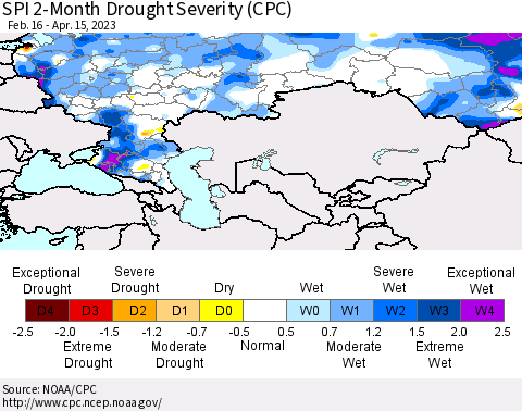 Russian Federation SPI 2-Month Drought Severity (CPC) Thematic Map For 2/16/2023 - 4/15/2023