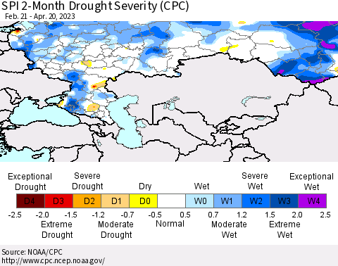 Russian Federation SPI 2-Month Drought Severity (CPC) Thematic Map For 2/21/2023 - 4/20/2023