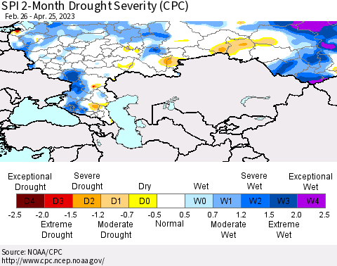 Russian Federation SPI 2-Month Drought Severity (CPC) Thematic Map For 2/26/2023 - 4/25/2023