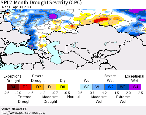 Russian Federation SPI 2-Month Drought Severity (CPC) Thematic Map For 3/1/2023 - 4/30/2023