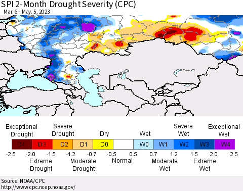 Russian Federation SPI 2-Month Drought Severity (CPC) Thematic Map For 3/6/2023 - 5/5/2023