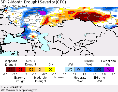 Russian Federation SPI 2-Month Drought Severity (CPC) Thematic Map For 3/11/2023 - 5/10/2023