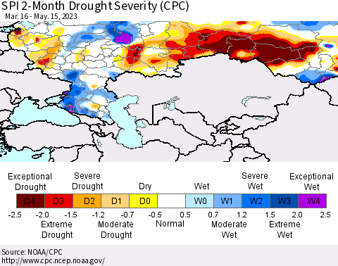 Russian Federation SPI 2-Month Drought Severity (CPC) Thematic Map For 3/16/2023 - 5/15/2023