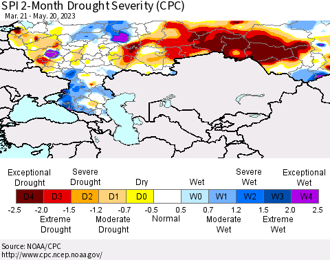 Russian Federation SPI 2-Month Drought Severity (CPC) Thematic Map For 3/21/2023 - 5/20/2023