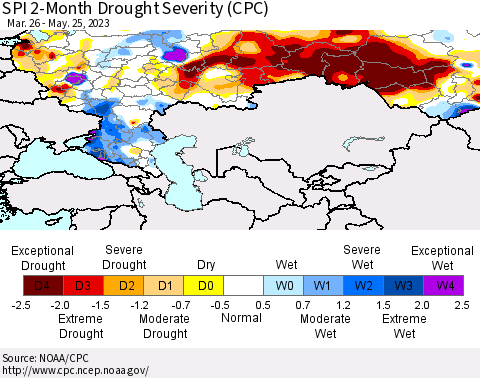 Russian Federation SPI 2-Month Drought Severity (CPC) Thematic Map For 3/26/2023 - 5/25/2023