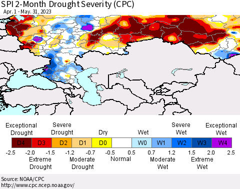 Russian Federation SPI 2-Month Drought Severity (CPC) Thematic Map For 4/1/2023 - 5/31/2023