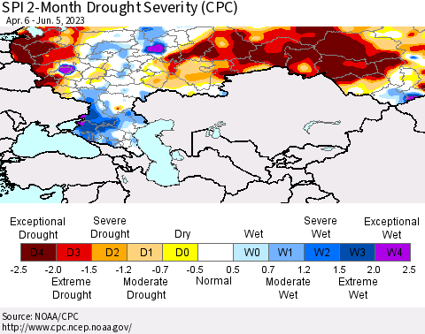 Russian Federation SPI 2-Month Drought Severity (CPC) Thematic Map For 4/6/2023 - 6/5/2023
