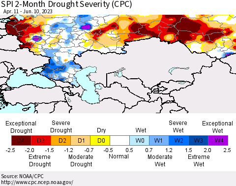 Russian Federation SPI 2-Month Drought Severity (CPC) Thematic Map For 4/11/2023 - 6/10/2023
