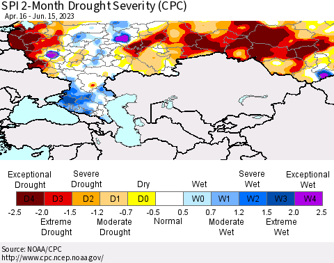 Russian Federation SPI 2-Month Drought Severity (CPC) Thematic Map For 4/16/2023 - 6/15/2023