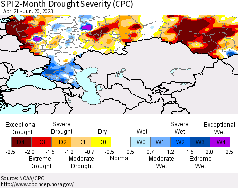 Russian Federation SPI 2-Month Drought Severity (CPC) Thematic Map For 4/21/2023 - 6/20/2023
