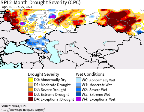 Russian Federation SPI 2-Month Drought Severity (CPC) Thematic Map For 4/26/2023 - 6/25/2023